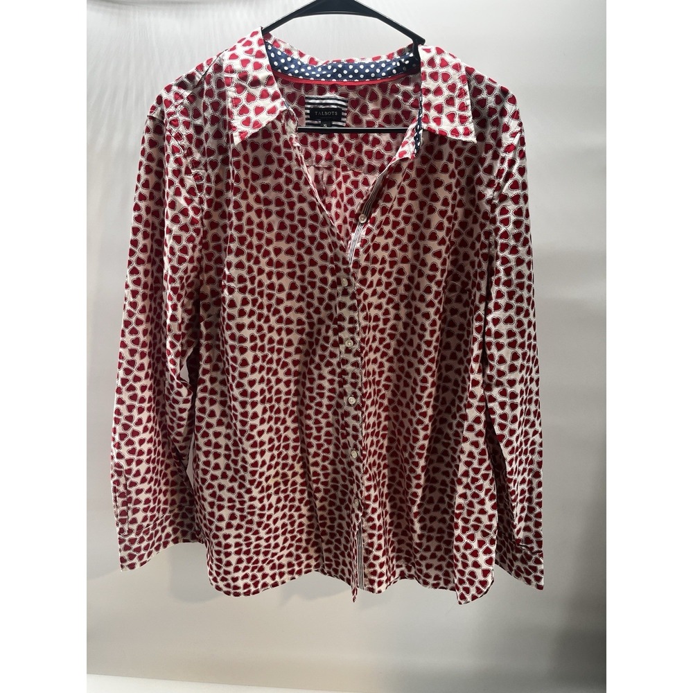 Talbots Red White Blue USA Hearts Long Sleeve Button Down Shirt Blouse XL